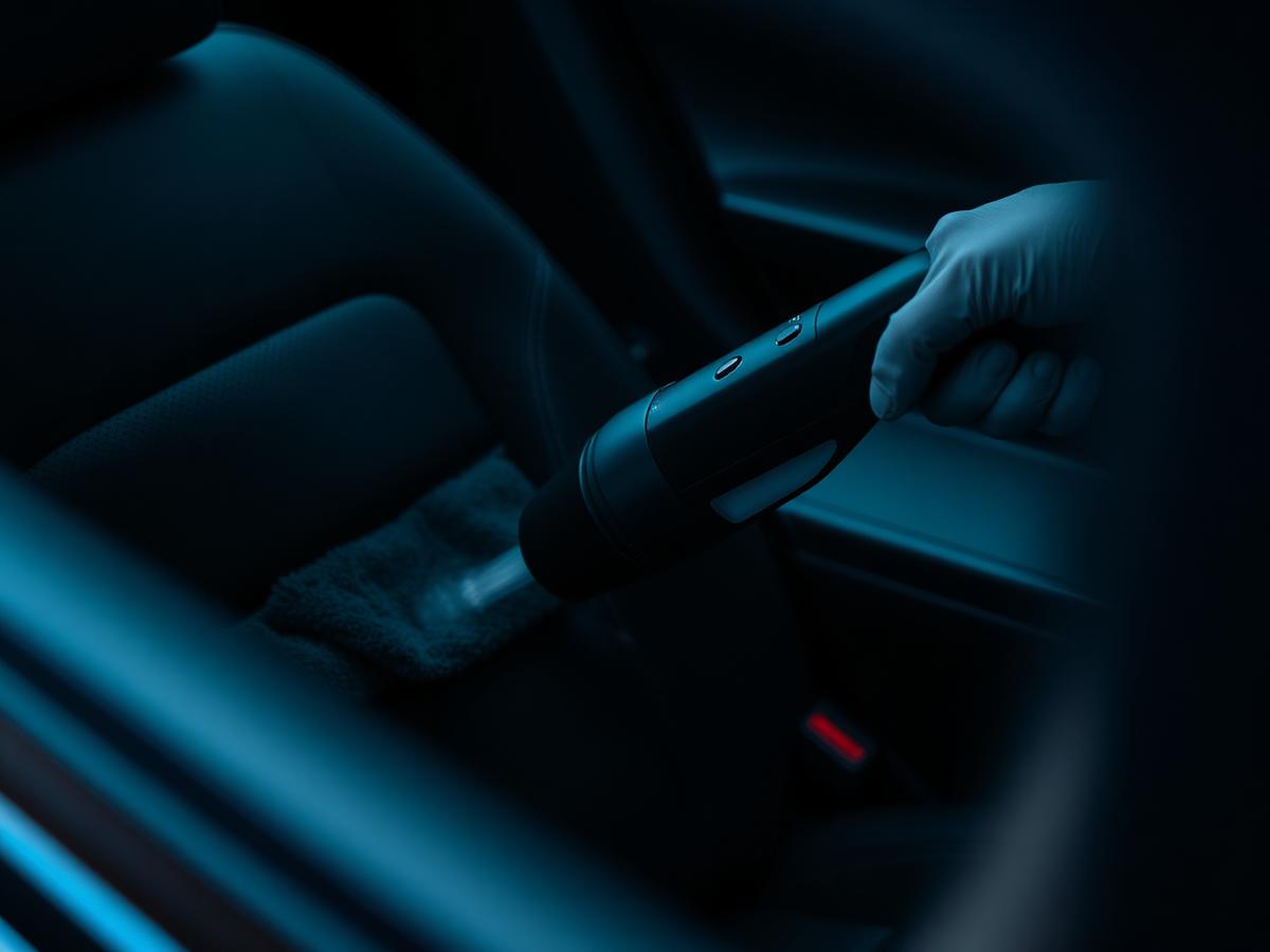 Close-up of interior detailing with a handheld vacuum
